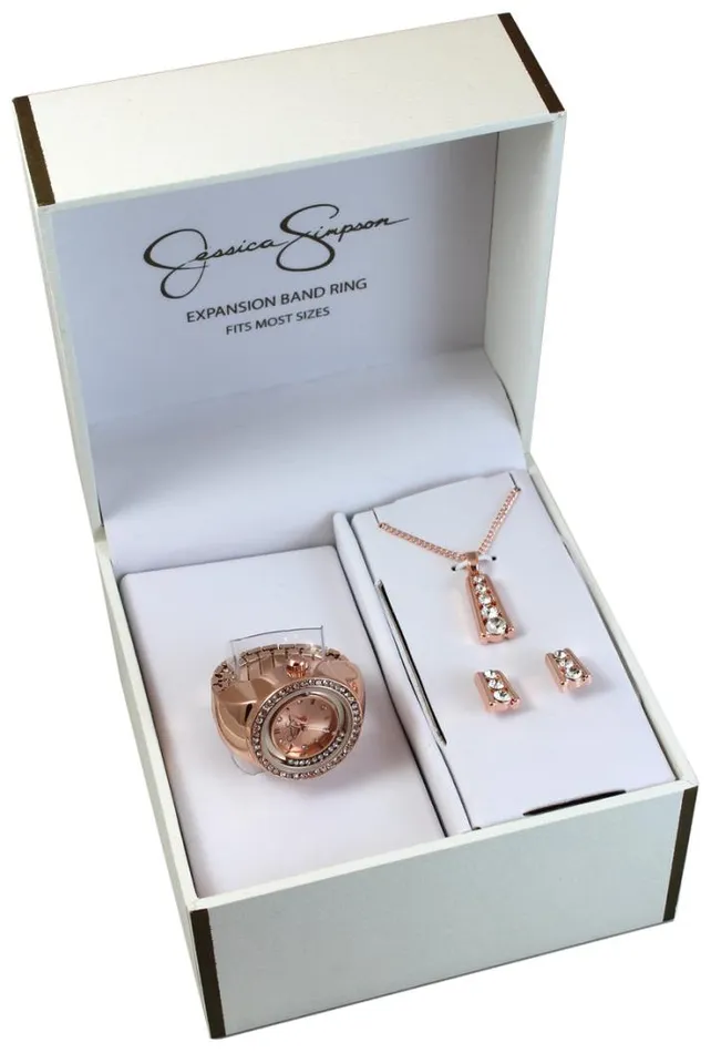 Watches Accessories Jessica Simpson Floating Crystal Ring Watch Pendant and Earring Set In Rose Gold Tone