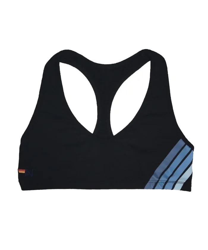 Women Activewear Aviator Nation 4 STRIPE VCUT SPORTS BRA 8211 BLACK BLUE STRIPES