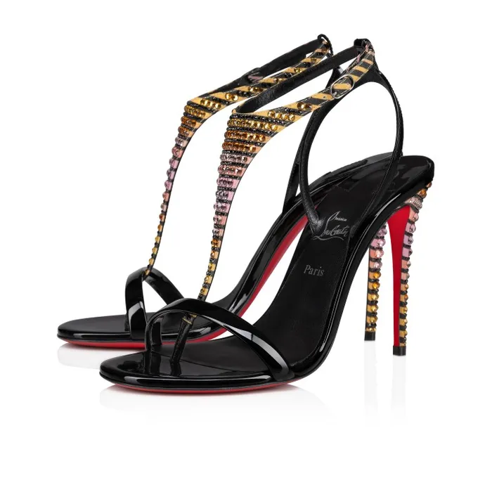Women Athina Strass Aftersun 100 Mm Strappy Sandals 8211 Patent Leather Crepe Satin And Aftersun Strass 8211 Black Christian Louboutin Sandals and Slides