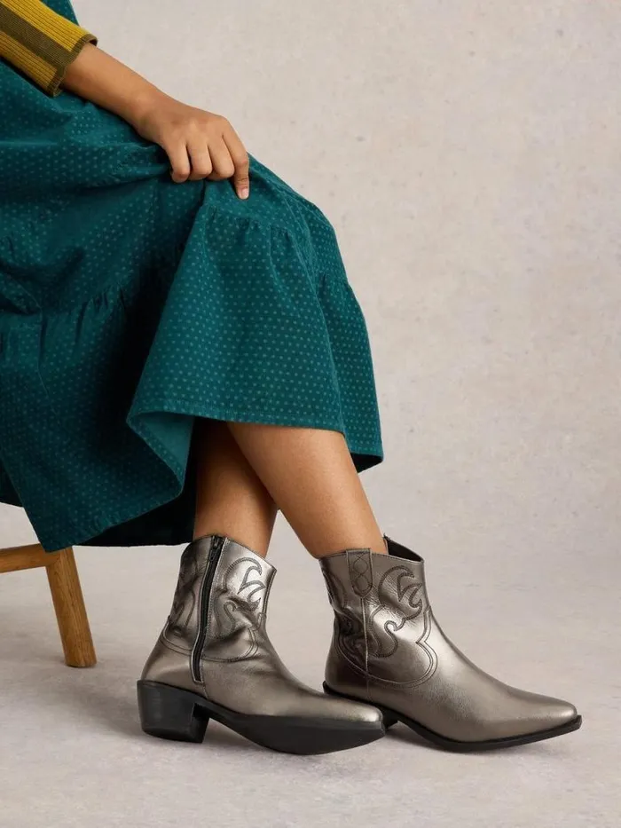 Women Beau Western Boot Pewter Metallic White Stuff Boots