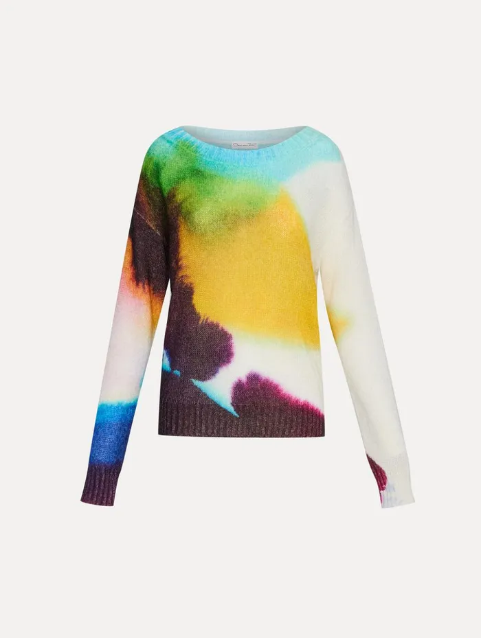 Women Blouses and Knits Oscar De La Renta Abstract Watercolor Pullover Lapis Multi