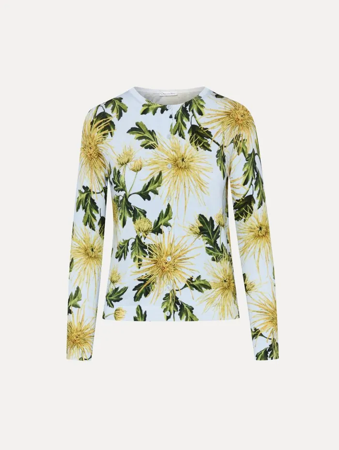 Women Blouses and Knits Oscar De La Renta Chrysanthemum Printed Cardigan Yellow Light Blue