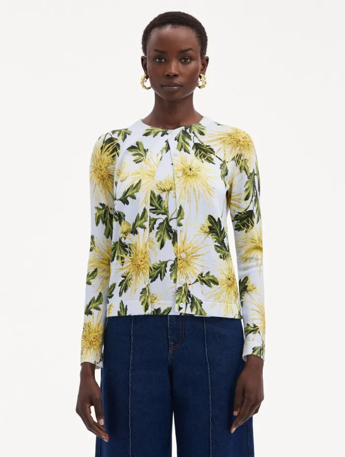 Women Blouses and Knits Oscar De La Renta Chrysanthemum Printed Cardigan Yellow Light Blue