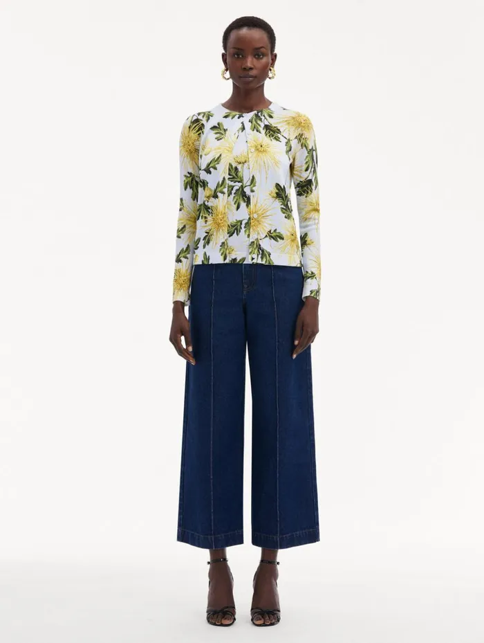 Women Blouses and Knits Oscar De La Renta Chrysanthemum Printed Cardigan Yellow Light Blue
