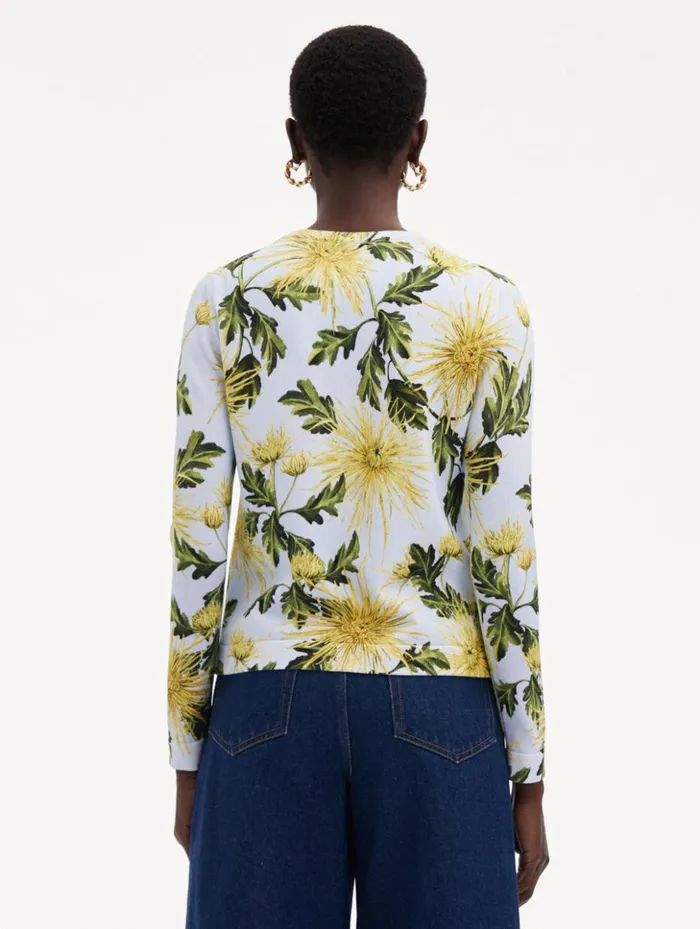 Women Blouses and Knits Oscar De La Renta Chrysanthemum Printed Cardigan Yellow Light Blue