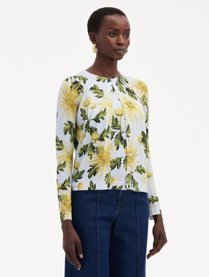 Women Blouses and Knits Oscar De La Renta Chrysanthemum Printed Cardigan Yellow Light Blue