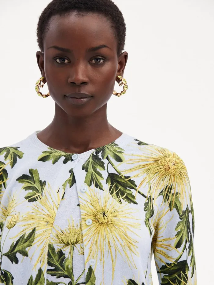 Women Blouses and Knits Oscar De La Renta Chrysanthemum Printed Cardigan Yellow Light Blue