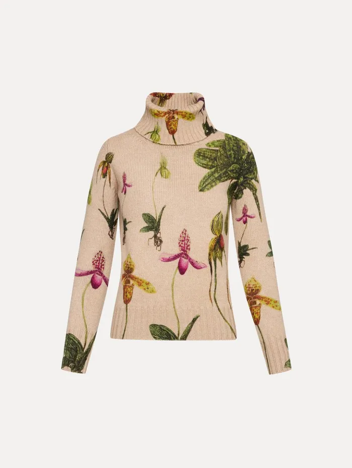 Women Blouses and Knits Oscar De La Renta Orchid Printed Turtleneck Pullover Brown Multi