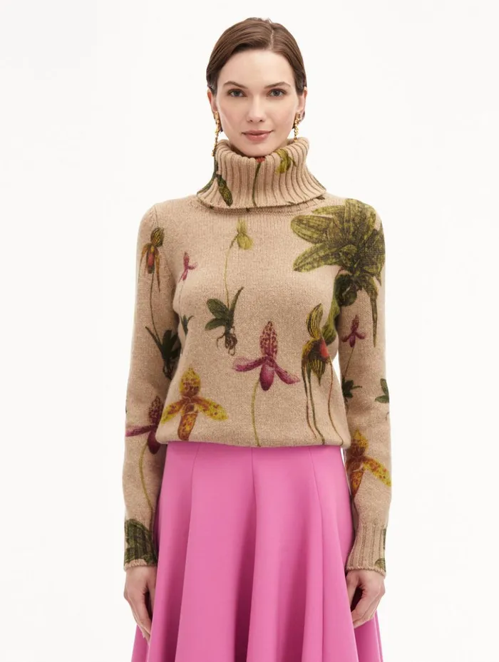 Women Blouses and Knits Oscar De La Renta Orchid Printed Turtleneck Pullover Brown Multi Women Blouses and Knits Oscar De La Renta Orchid Printed Turtleneck Pullover Brown Multi