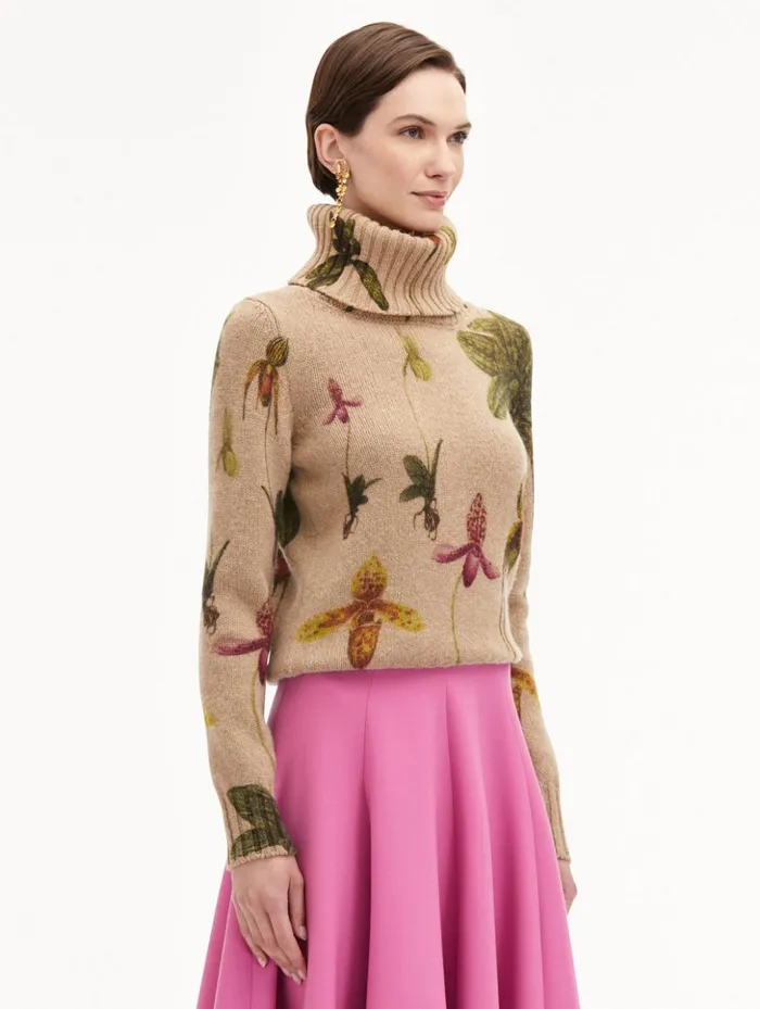 Women Blouses and Knits Oscar De La Renta Orchid Printed Turtleneck Pullover Brown Multi Women Blouses and Knits Oscar De La Renta Orchid Printed Turtleneck Pullover Brown Multi