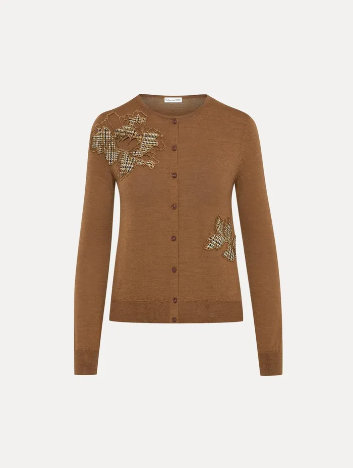 Women Blouses and Knits Oscar De La Renta Peony Guipure Appliqu Plaid Cardigan Mocha