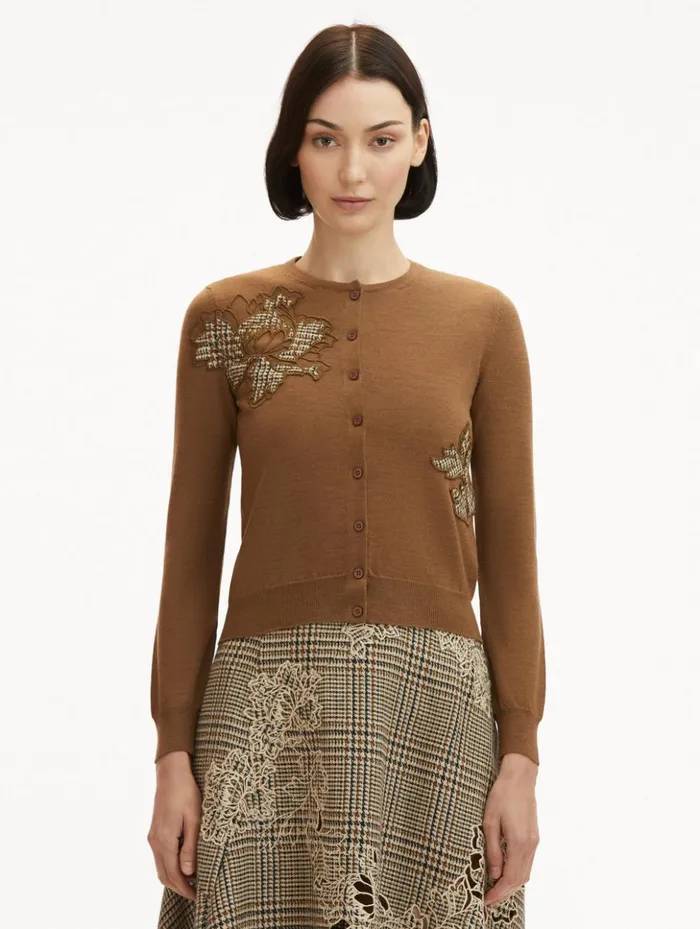 Women Blouses and Knits Oscar De La Renta Peony Guipure Appliqu Plaid Cardigan Mocha
