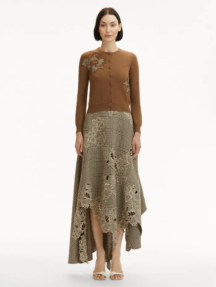 Women Blouses and Knits Oscar De La Renta Peony Guipure Appliqu Plaid Cardigan Mocha