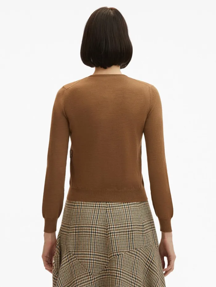 Women Blouses and Knits Oscar De La Renta Peony Guipure Appliqu Plaid Cardigan Mocha