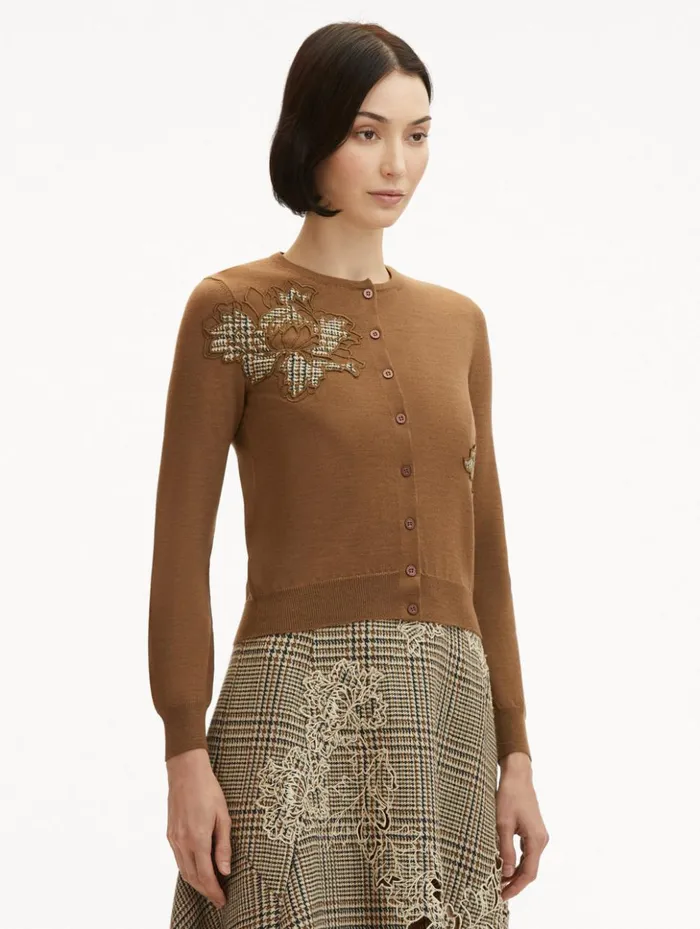 Women Blouses and Knits Oscar De La Renta Peony Guipure Appliqu Plaid Cardigan Mocha