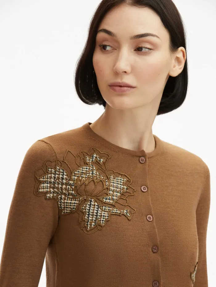 Women Blouses and Knits Oscar De La Renta Peony Guipure Appliqu Plaid Cardigan Mocha