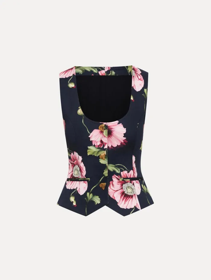 Women Blouses and Knits Oscar De La Renta Poppy Cotton Twill Vest Navy Pink