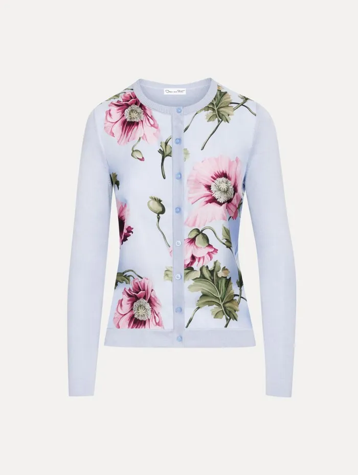 Women Blouses and Knits Oscar De La Renta Poppy Printed Inset Cardigan Light Blue Pink