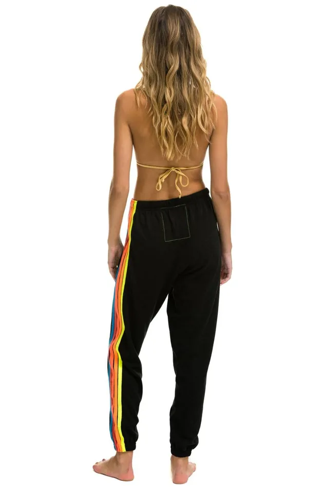 Women Bottoms Aviator Nation 5 STRIPE SWEATPANTS 8211 BLACK NEON RAINBOW STRIPES