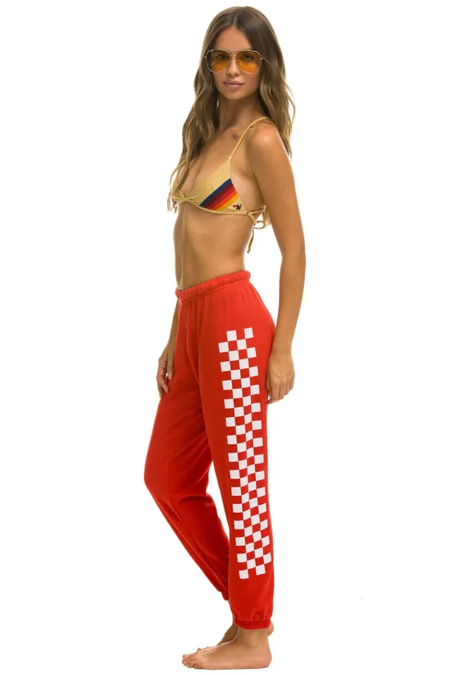 Women Bottoms Aviator Nation CHECK LEG SWEATPANTS 8211 RED WHITE