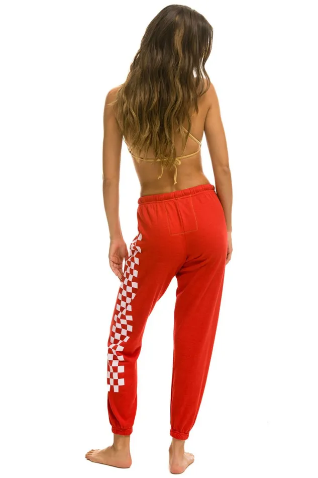 Women Bottoms Aviator Nation CHECK LEG SWEATPANTS 8211 RED WHITE