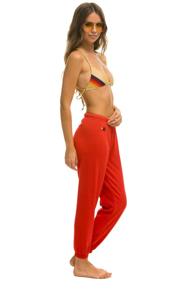 Women Bottoms Aviator Nation CHECK LEG SWEATPANTS 8211 RED WHITE