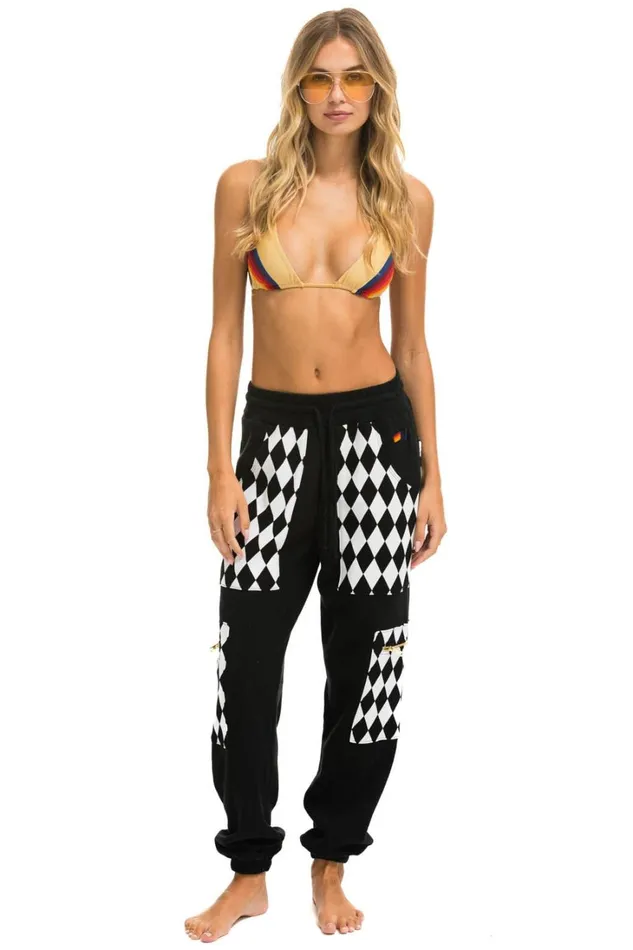 Women Bottoms Aviator Nation DIAMOND SMILEY 2 EMBROIDERY CARGO COLOR BLOCK SWEATPANTS 8211 BLACK WHITE