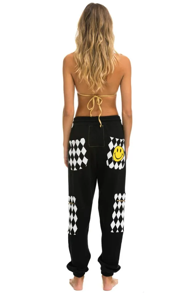 Women Bottoms Aviator Nation DIAMOND SMILEY 2 EMBROIDERY CARGO COLOR BLOCK SWEATPANTS 8211 BLACK WHITE