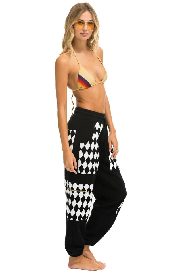 Women Bottoms Aviator Nation DIAMOND SMILEY 2 EMBROIDERY CARGO COLOR BLOCK SWEATPANTS 8211 BLACK WHITE