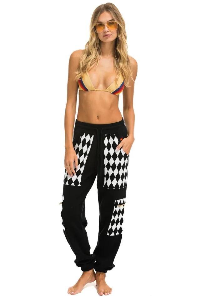 Women Bottoms Aviator Nation DIAMOND SMILEY 2 EMBROIDERY CARGO COLOR BLOCK SWEATPANTS 8211 BLACK WHITE