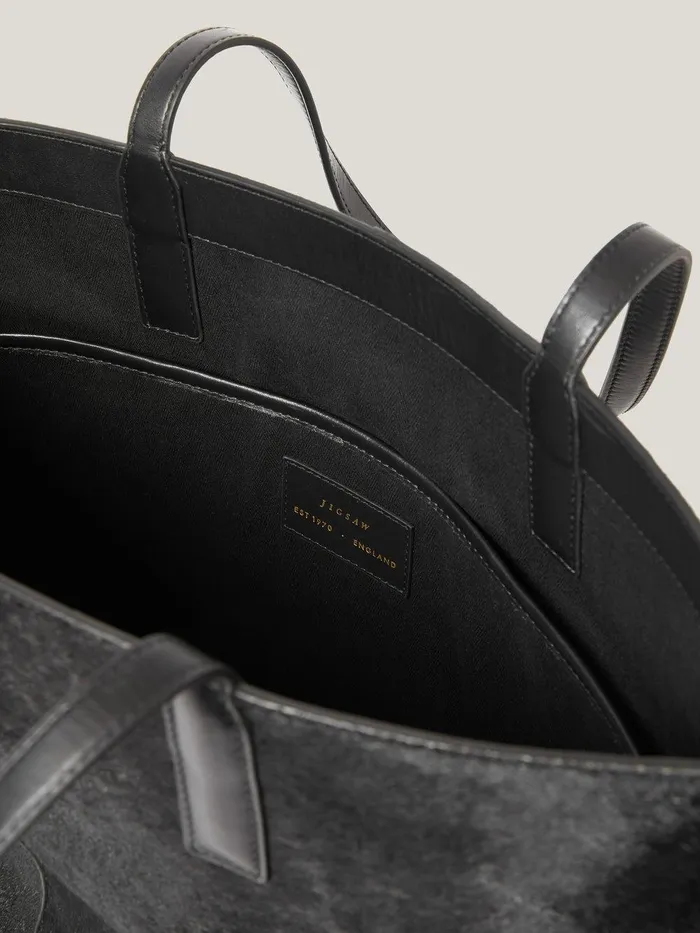 Women Calf Hair Leather Tote Black Jigsaw Bags