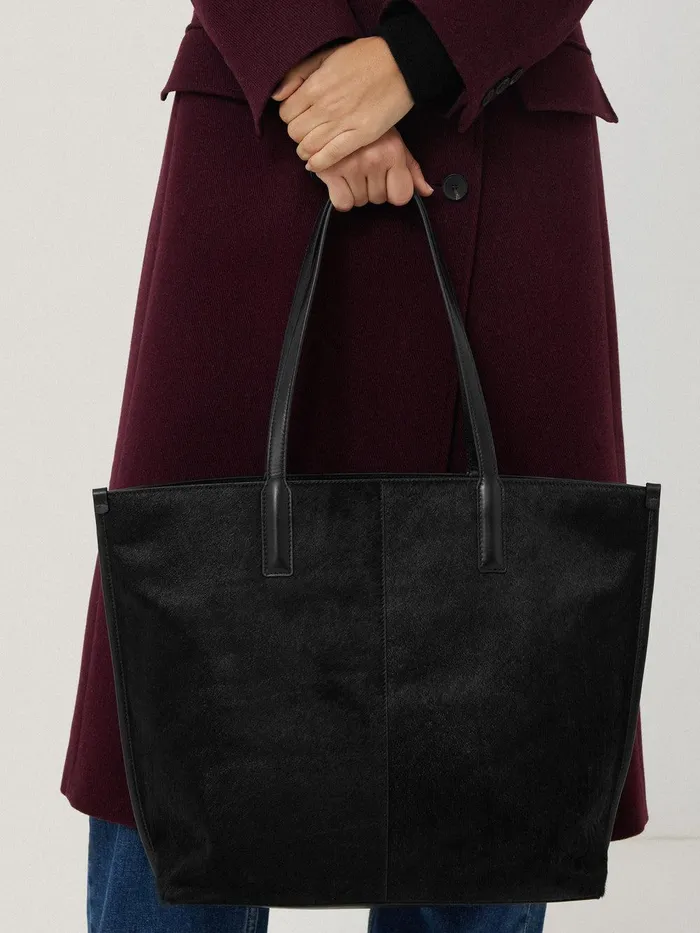 Women Calf Hair Leather Tote Black Jigsaw Bags
