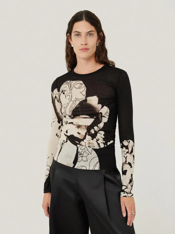 Women Collage Print Long Sleeve Top Black Jigsaw Shirts and Tops
