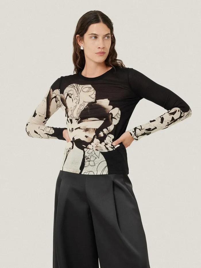 Women Collage Print Long Sleeve Top Black Jigsaw Shirts and Tops