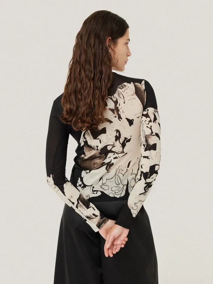 Women Collage Print Long Sleeve Top Black Jigsaw Shirts and Tops