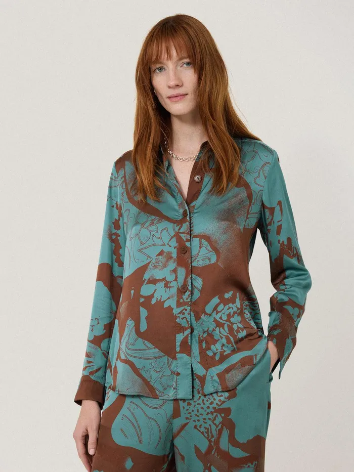 Women Collage Stitch Detail Shirt Blue Jigsaw Party