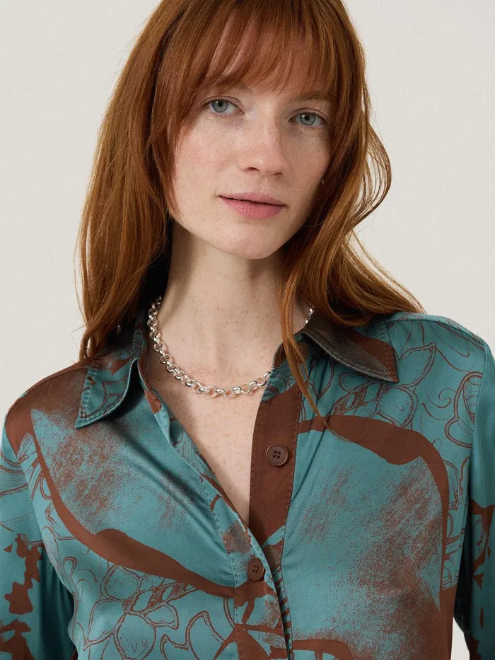 Women Collage Stitch Detail Shirt Blue Jigsaw Party
