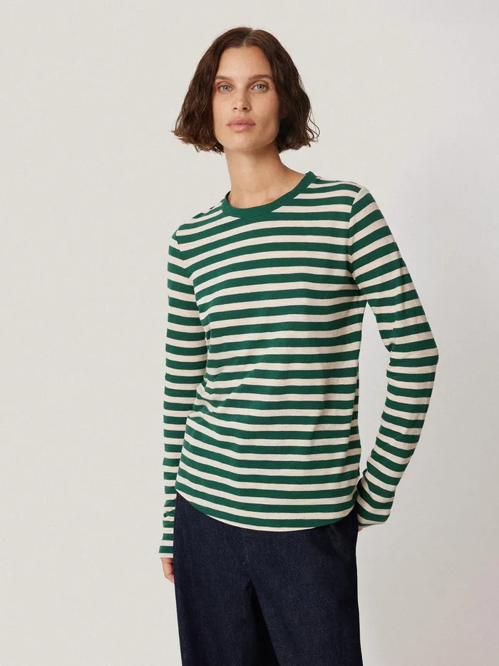 Women Cotton Slub Stripe Long Sleeve Tee Green Jigsaw Shirts and Tops