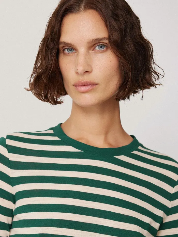 Women Cotton Slub Stripe Long Sleeve Tee Green Jigsaw Shirts and Tops