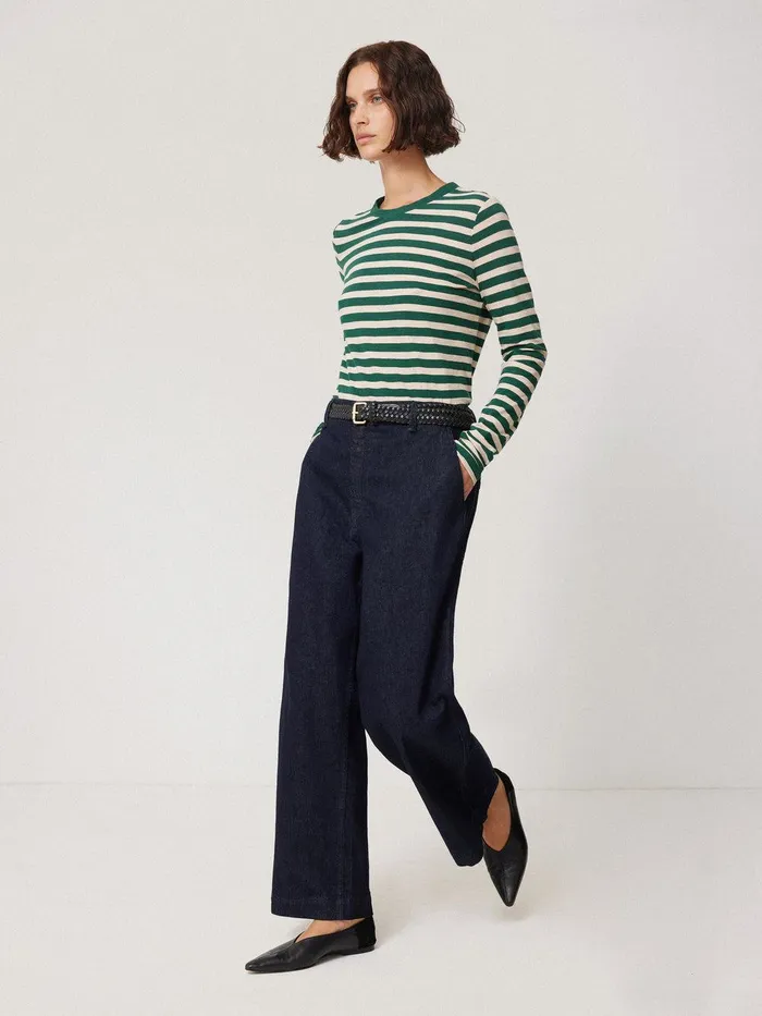 Women Cotton Slub Stripe Long Sleeve Tee Green Jigsaw Shirts and Tops
