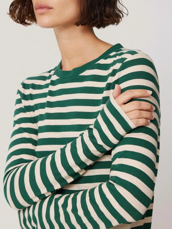 Women Cotton Slub Stripe Long Sleeve Tee Green Jigsaw Shirts and Tops