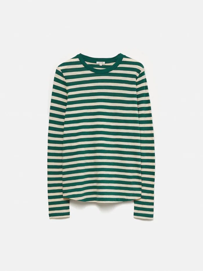Women Cotton Slub Stripe Long Sleeve Tee Green Jigsaw Shirts and Tops