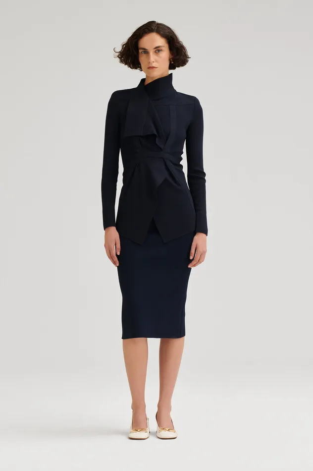 Women CREPE KNIT DRAPE FRONT JACKET NAVY Jackets Scanlan Theodore