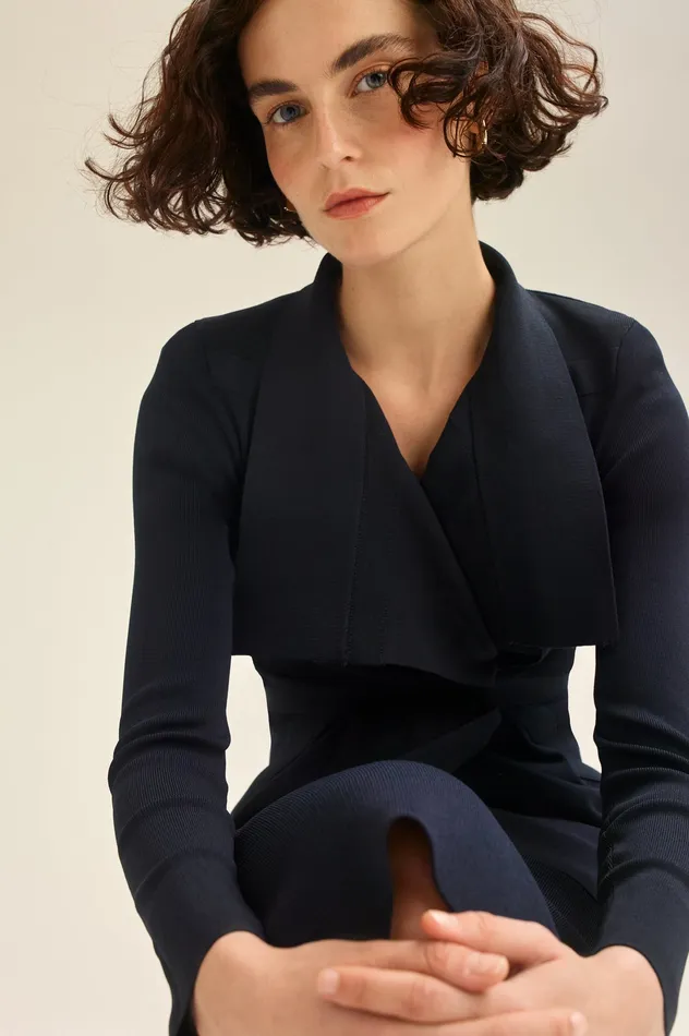 Women CREPE KNIT DRAPE FRONT JACKET NAVY Jackets Scanlan Theodore Women CREPE KNIT DRAPE FRONT JACKET NAVY Jackets Scanlan Theodore