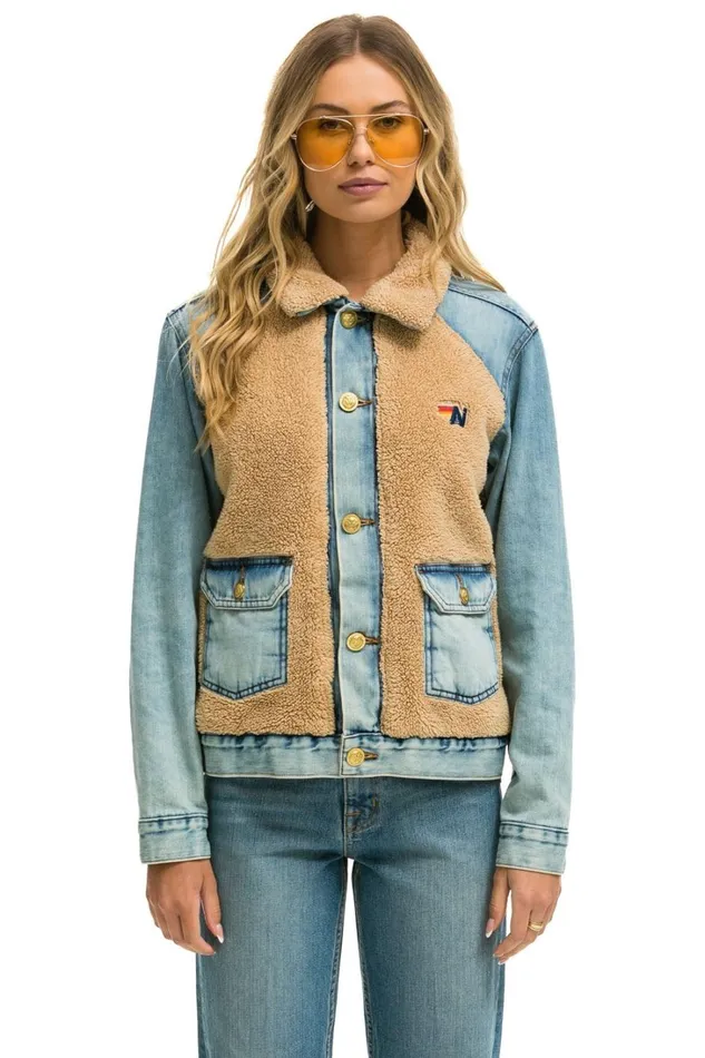 Women Denim Aviator Nation ASPEN SHERPA UNISEX DENIM JACKET 8211 VINTAGE WHEAT