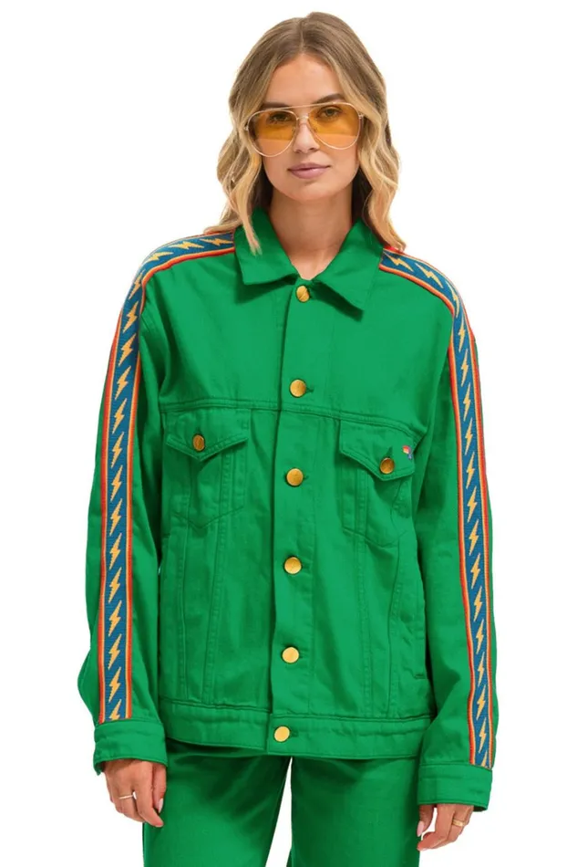 Women Denim Aviator Nation BOLT STRIPE OVERSIZED CONCERT DENIM JACKET 8211 KELLY GREEN