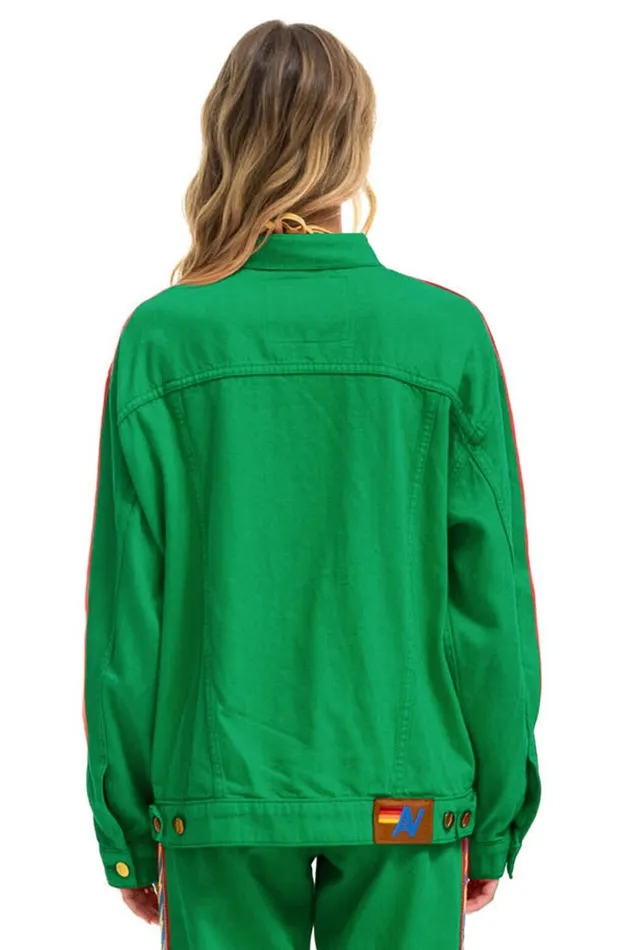 Women Denim Aviator Nation BOLT STRIPE OVERSIZED CONCERT DENIM JACKET 8211 KELLY GREEN