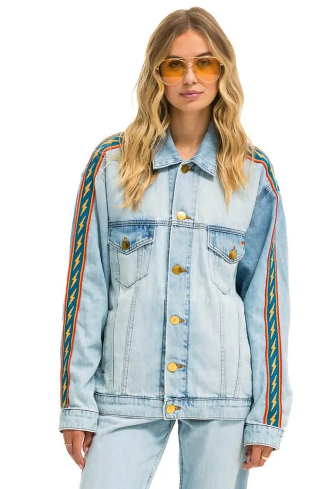 Women Denim Aviator Nation BOLT STRIPE OVERSIZED CONCERT DENIM JACKET 8211 SUPER LIGHT