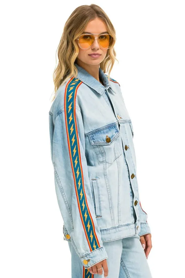 Women Denim Aviator Nation BOLT STRIPE OVERSIZED CONCERT DENIM JACKET 8211 SUPER LIGHT