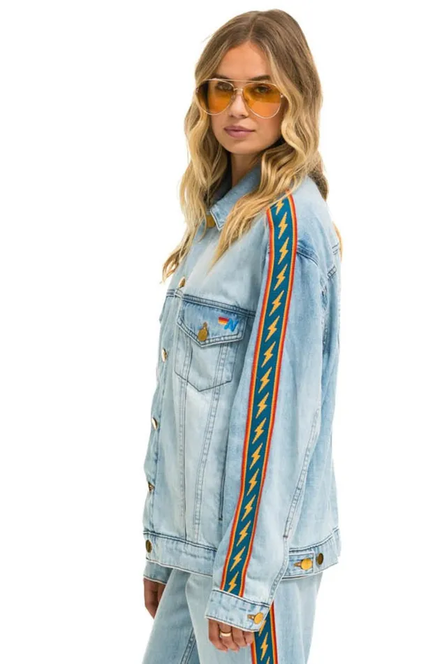 Women Denim Aviator Nation BOLT STRIPE OVERSIZED CONCERT DENIM JACKET 8211 SUPER LIGHT